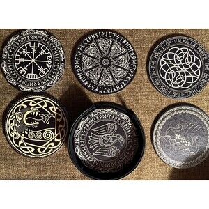6 Black Celtic Viking Designs Drinking Coasters PU Leather Coaster with Holder